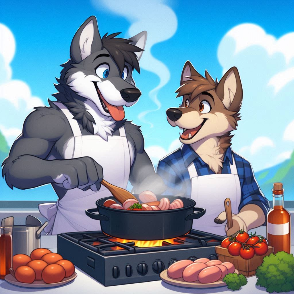 Bild erstellt mit Copilot: anthro wolf and anthro dog cooking together in cartoon style